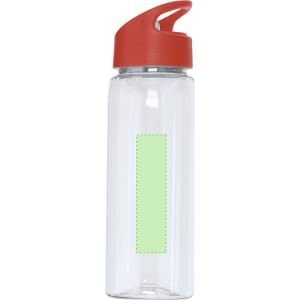 A drink bottle with a transparent body, red lid, and a blank green design area. It features a logo on the side.