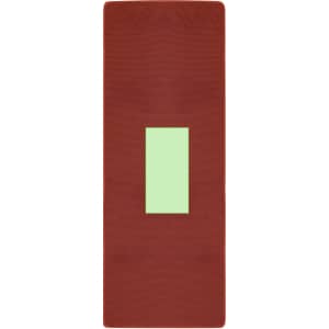 A drink bottle in a deep red colour with a green rectangular area, featuring a logo.
