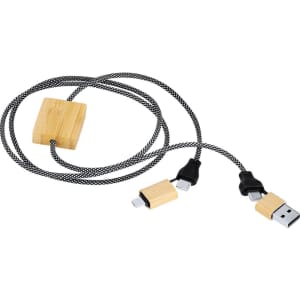 A charging cable featuring a black woven design with wooden connectors and a rectangular wooden block.
