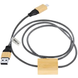 A charging cable with a textured black braided design and wooden accents, featuring USB and lightning connectors.
