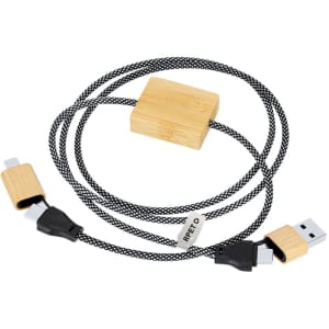 A charging cable with a black braided design, featuring a wooden connector and two ends for device compatibility.
