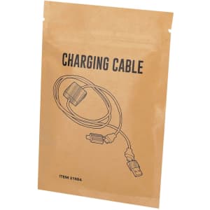 A brown packaging featuring a drawing of a charging cable. The packaging also includes a logo.