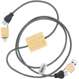 A charging cable with a black woven design and bamboo accents, featuring USB and connector ends. It includes a small logo.