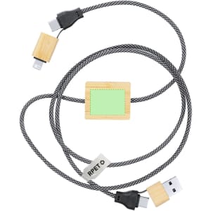 A charging cable with a black braided design and wooden accents, featuring multiple connectors for different devices.