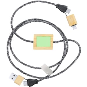 A braided black charging cable featuring wooden connectors and a central wooden tag.