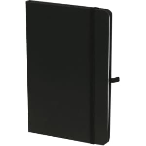 A black notepad with a matching elastic closure, featuring a sleek design and a logo on the cover.