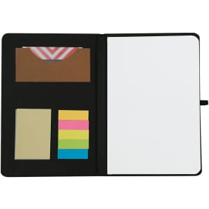 A black notepad with a blank page, a pocket, sticky notes in yellow, pink, and green, and a branding logo.