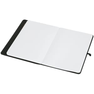 A black notepad with blank white pages, opened to display its interior. It features a logo on the cover.