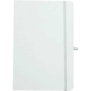 A white notepad with a grey elastic band closure and a tab. Features a simple, clean design.