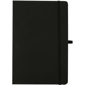 A black notepad with a cover, featuring a ribbon closure and a simple design. The notepad includes a logo.
