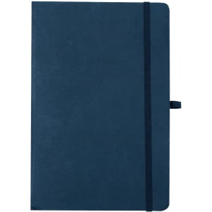 A navy blue notepad with a textured cover and an elastic band closure, featuring a bookmark ribbon and a logo.