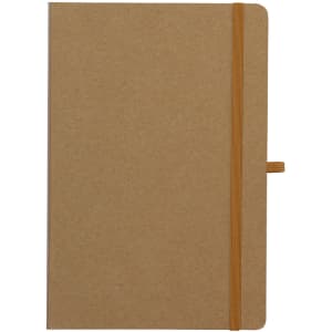 A brown notepad with a textured cover and an elastic band closure. It features a logo on the front.