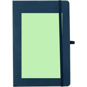 A navy blue notepad with a green insert and an elastic band closure, featuring a logo on the cover.