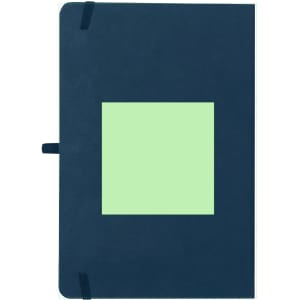 A navy notepad with an elastic closure and a blank green section on the front, featuring a logo.