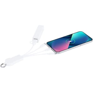 A charging cable in white, featuring multiple connectors and a keyring attachment, with a phone shown plugged in.