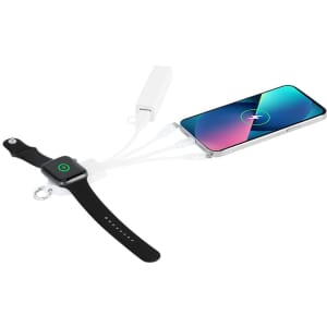 A charging cable in white, connecting a smartphone and a smartwatch, featuring a small power bank.