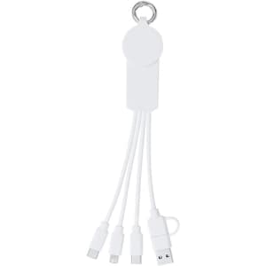 A white charging cable with a keyring attachment, featuring multiple connectors for various devices.