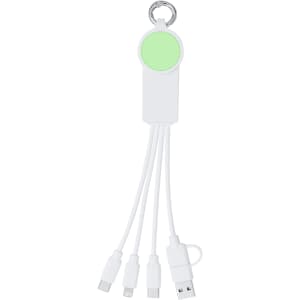 A white charging cable with multiple connectors, featuring a round green section and a keyring attachment.