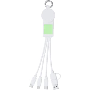 A white Krizia charging cable featuring multiple connectors and a keyring attachment. It includes a green accent area.