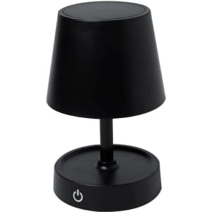 A black lamp with a cylindrical base and a conical shade, featuring a power button on the base.
