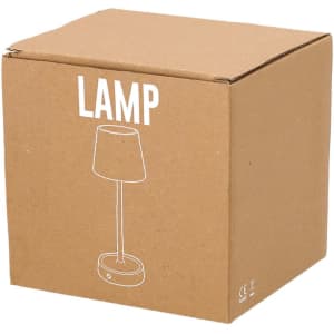 A brown box containing a lamp, featuring a simple line drawing of the lamp on the front.