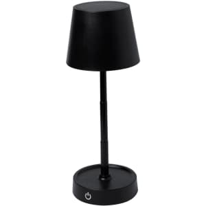 A black table lamp with a tapered shade, a slender stem, and a round base featuring a power button.
