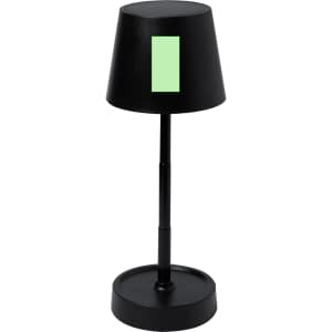 A black lamp featuring a green rectangular accent, with an adjustable height and a round base.
