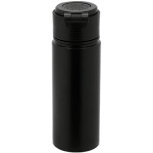 A drink bottle in sleek black with a removable lid and textured grip, featuring a logo on the body.