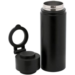 A drink bottle with a sleek black finish and a removable lid featuring a textured grip. It includes a logo.