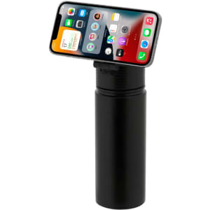 A drink bottle in black, featuring a multifunction design that holds a smartphone. It has a logo on the bottle.