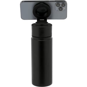 A drink bottle in black with a smartphone holder on top. It features a sleek design and has a logo.