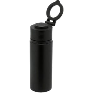 A drink bottle in black with a screw-on lid and a flip-top cap, featuring a logo.