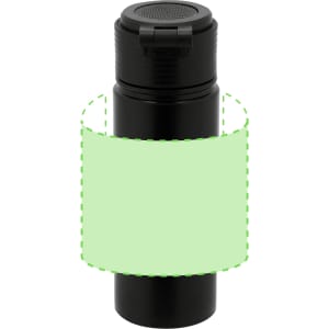 A drink bottle made of black insulated material with a flip-top lid and a blank area for custom branding.