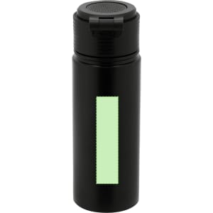 A drink bottle in black with a green band, featuring a secure lid and a logo. Ideal for insulation.