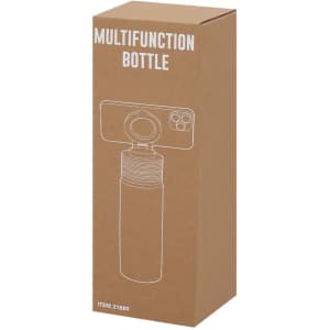 A drink bottle in a brown box, designed for multifunctional use, featuring a logo on the packaging.