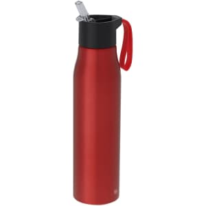 A drink bottle in shiny red with a black lid and a straw, featuring a handle for easy carrying.