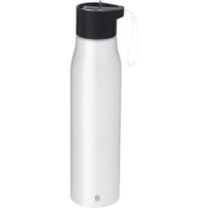 A drink bottle in white with a black cap and a strap, featuring a logo on the front.