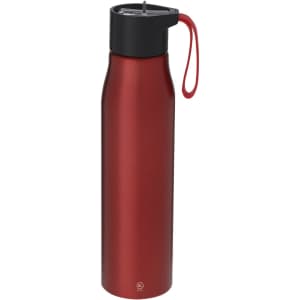 A drink bottle in metallic red with a black lid and carrying strap. It features a logo on the side.