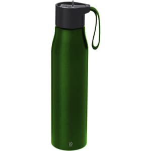A drink bottle in a vibrant green finish, featuring a black lid and a handy carrying loop.