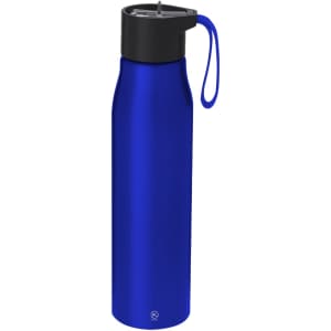 A drink bottle in vibrant blue with a black lid and a small carrying loop, featuring a logo.