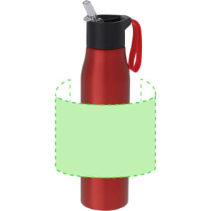 A drink bottle in red with a black lid and a straw, featuring a handle and a logo.