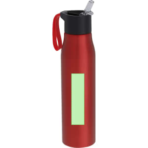 A drink bottle in a sleek red finish with a black cap and a built-in straw. It features a logo.