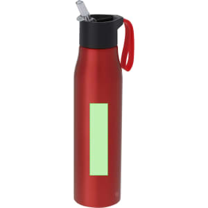 A drink bottle in red metal with a black lid and a straw, featuring a blank space for custom branding.