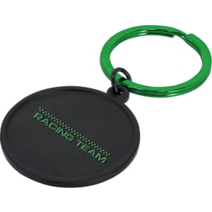 A black keyring with a green metal loop, featuring a round tag marked "RACING TEAM".