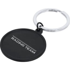 A black keyring with a circular shape and a silver keychain attachment, featuring a logo.