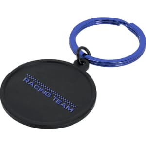 A round black keyring with a blue metal clip, featuring a branded logo.