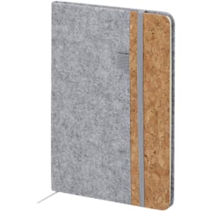 A grey notepad with a cork accent and a grey elastic band, featuring a textured cover and a logo.