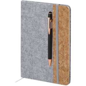 A grey notepad with a cork strip, featuring an elastic band and a black pen attached.