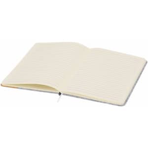 An open grey notepad with lined pages, featuring a ribbon marker. It has a simple design and a branded logo.