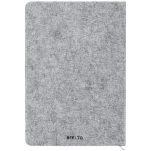 A grey felt notepad with a branding logo and an elastic closure. It's designed for office and business use.